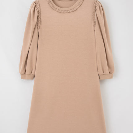 Light French Beige Braided Trim Puff Sleeve Dress