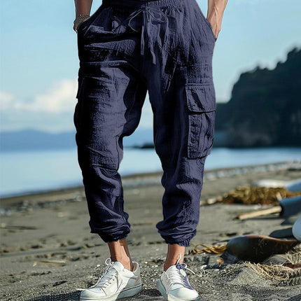 Men's Casual Trousers Ankle-tied Multi-pocket Tether Solid Color Loose