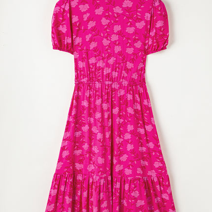 Rose Red Floral Print Pleated Drawstring Flowy Midi Dress