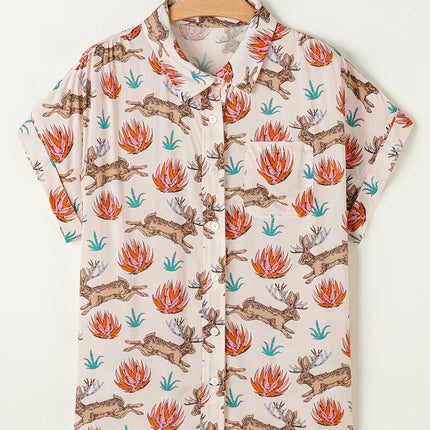 Khaki Plus Size Western Pattern Print Buttoned Short Sleeve Shirt