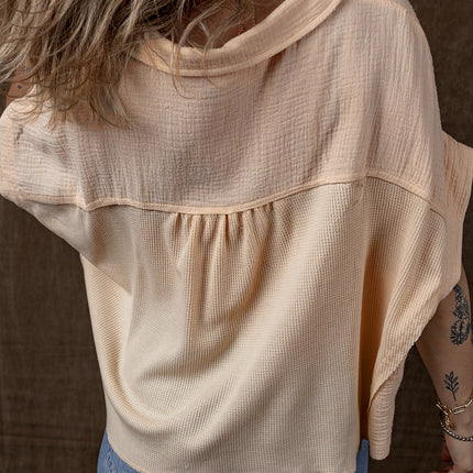 Beige Waffle Splicing Short Batwing Sleeve Flap Detail Shirt