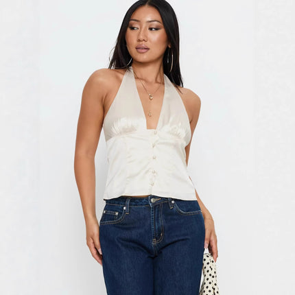 Solid-color Sexy Spaghetti-strap V-neck Halterneck Backless Cinched-waist Womens Outfit