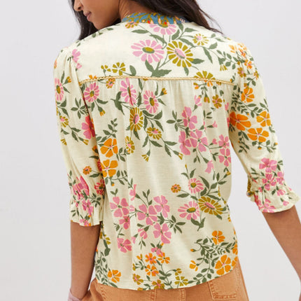 Multicolour Crochet V Neck Half Sleeve Boho Floral Blouse