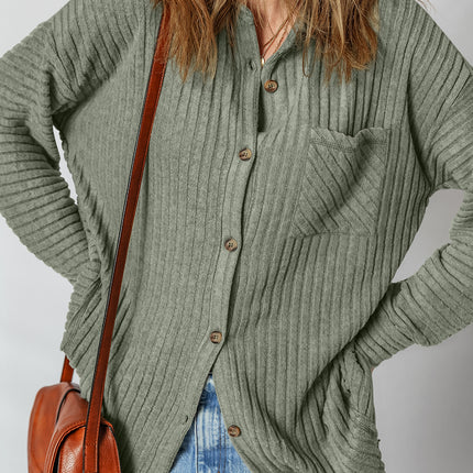 Mist Green Thermal Ribbed Texture Drop Shoulder Button Up Shacket