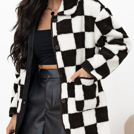 Black Checkered Side Pockets Collared Buttoned Fleece Jacket