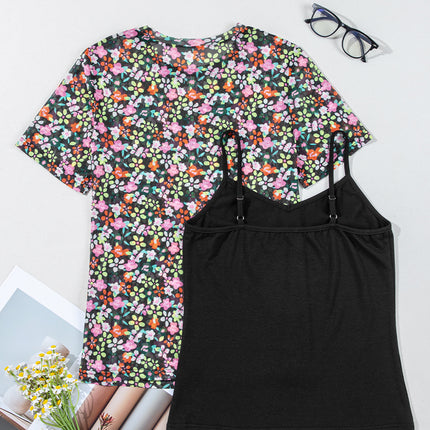 Black Sheer Floral Mesh Round Neck T Shirt