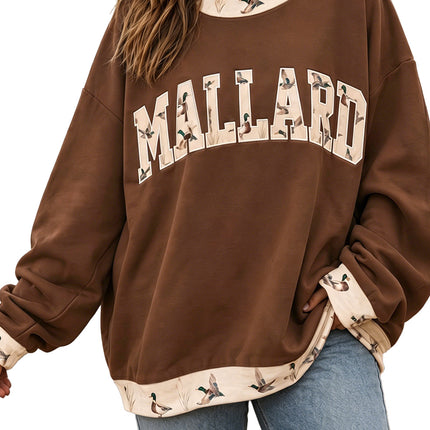 Coffee Plus Size Embroidered Trim Mallard Patch Contrast Trim Crewneck Sweatshirt