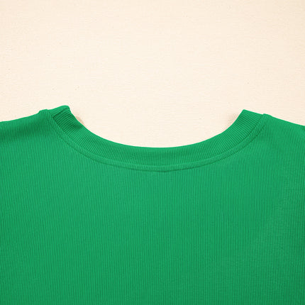 Bright Green Ribbed Pearl Beaded Puff Sleeve Top