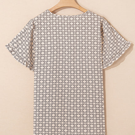 Khaki Plus Size Geometric Print Ruffled Sleeve Blouse