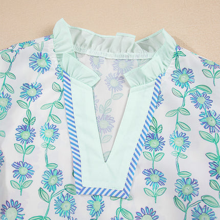 Green Floral Print Striped Detail Contrast V Neck Patchwork Flutter Sleeve Blouse