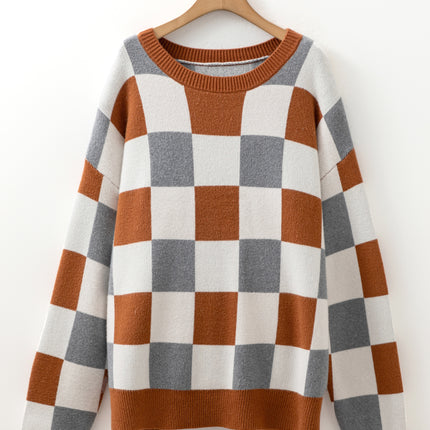 Brown Plus Size Checkered Crewneck Sweater