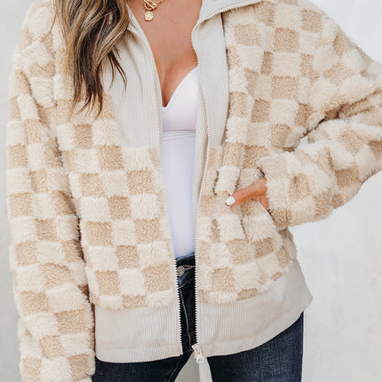 Khaki Checker Sherpa Corduroy Patchwork Zip up Collared Jacket