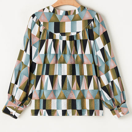 Green Geometric Print Buttoned Balloon Sleeve Loose Fit Shirt