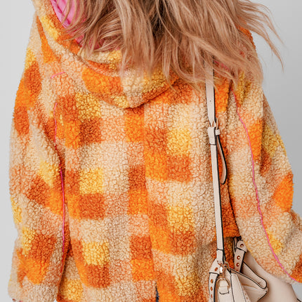 Orange Checkered Sherpa Hooded Jacket