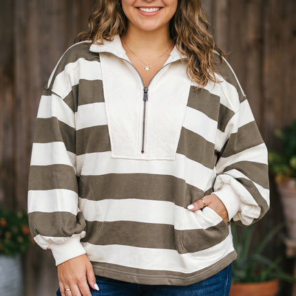 Green Stripe Plus Size Half Zipped Casual Sweatshirt