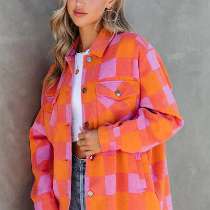 Orange Plaid Chest Pockets Button-up Turn Down Collar Jacket