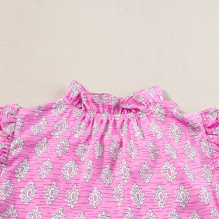 Pink Vintage Floral Ruffled Split Neck Short Sleeve Blouse
