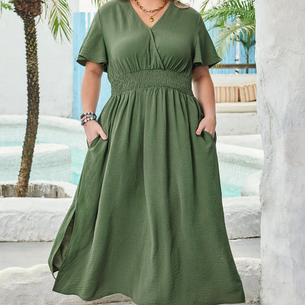Four Leaf Clover Surplice Neckline Shirred High Waist Plus Size Maxi Dress