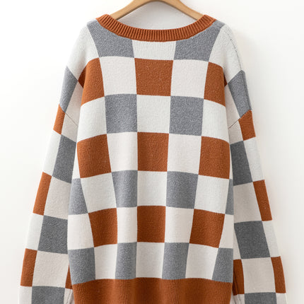 Brown Plus Size Checkered Crewneck Sweater