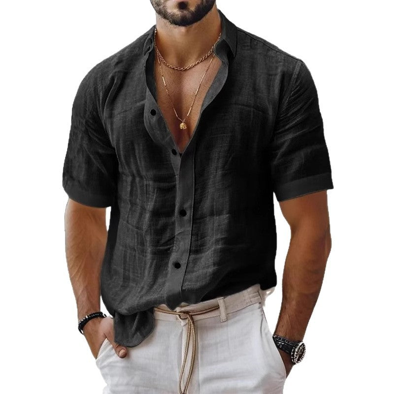 Men's Summer Men's Lapel Shirt Solid Color Short Sleeve Cotton Linen Shirt