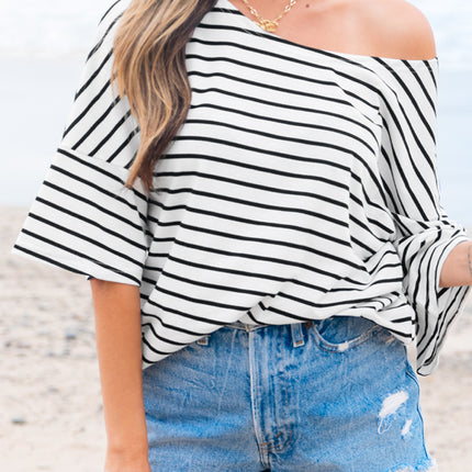 Black Stripe Half Sleeve Scoop Neck Loose Top