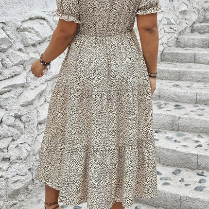 Beige Plus Size Leopard Print Frill Trim Short Sleeve Flared Dress
