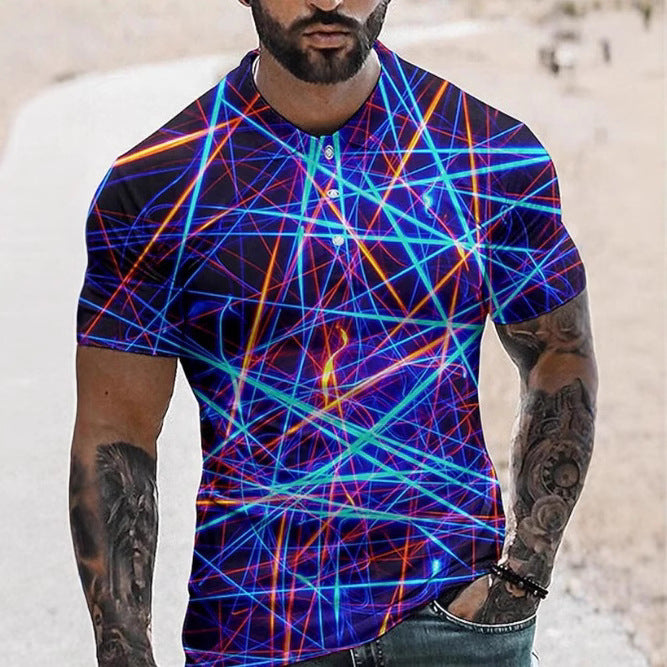3D Printing Fashion Simple Lapel Button Men's Short Sleeve