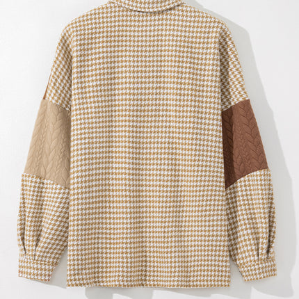 Khaki Houndstooth Color Contrast Textured Patchwork Loose Shacket