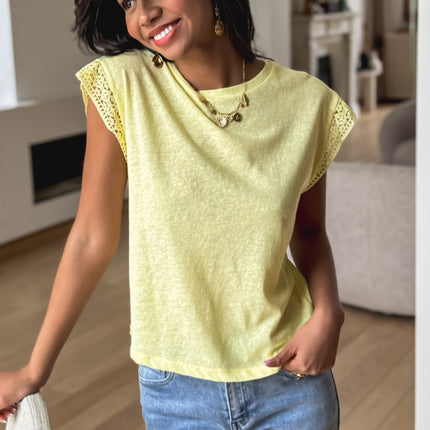 Yellow Cream Lace Patchwork Cap Sleeve Round Neck T Shirt