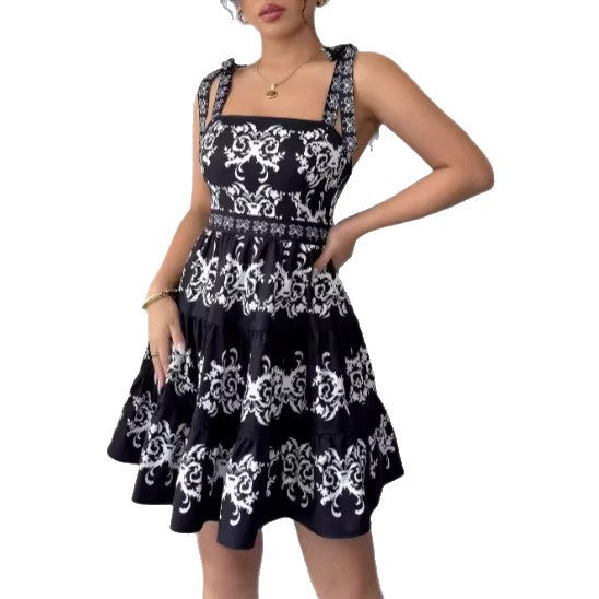 New Stylish Retro Minimalist Burnt-Flower Lace-Up Strap Black Short Dress