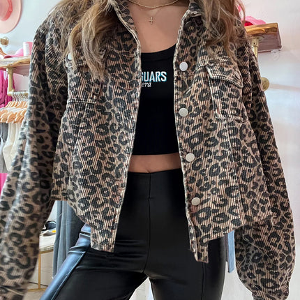 Dark Khaki Leopard Print Corduroy Irregular Hem Buttoned Jacket