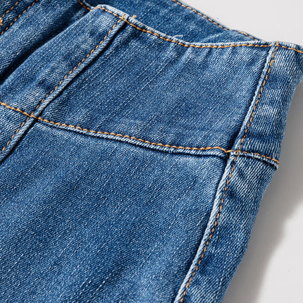 Sail Blue High Waist Button Fly Seamed Raw Hem Flare Jeans