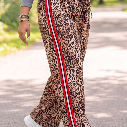 Khaki Leopard Print Colorblock Side Stripes Wide Leg Full Length Plus Size Pants