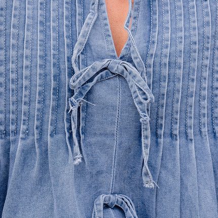 Myosotis Denim Front Pintuck Bow Tie Puff Sleeve Top