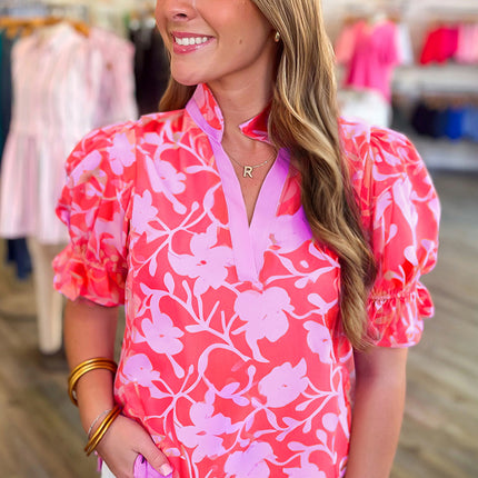 Red Floral Split V Neck Ruffled Short Sleeve Blouse Top