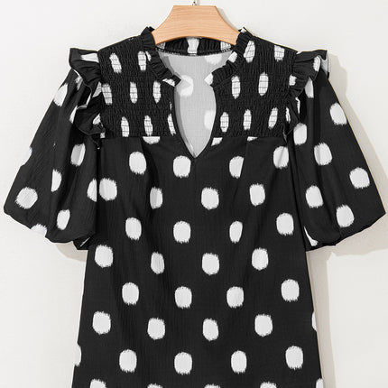 Black Polka Dot Print Shirred Yoke Notched Neck Balloon Sleeve Blouse