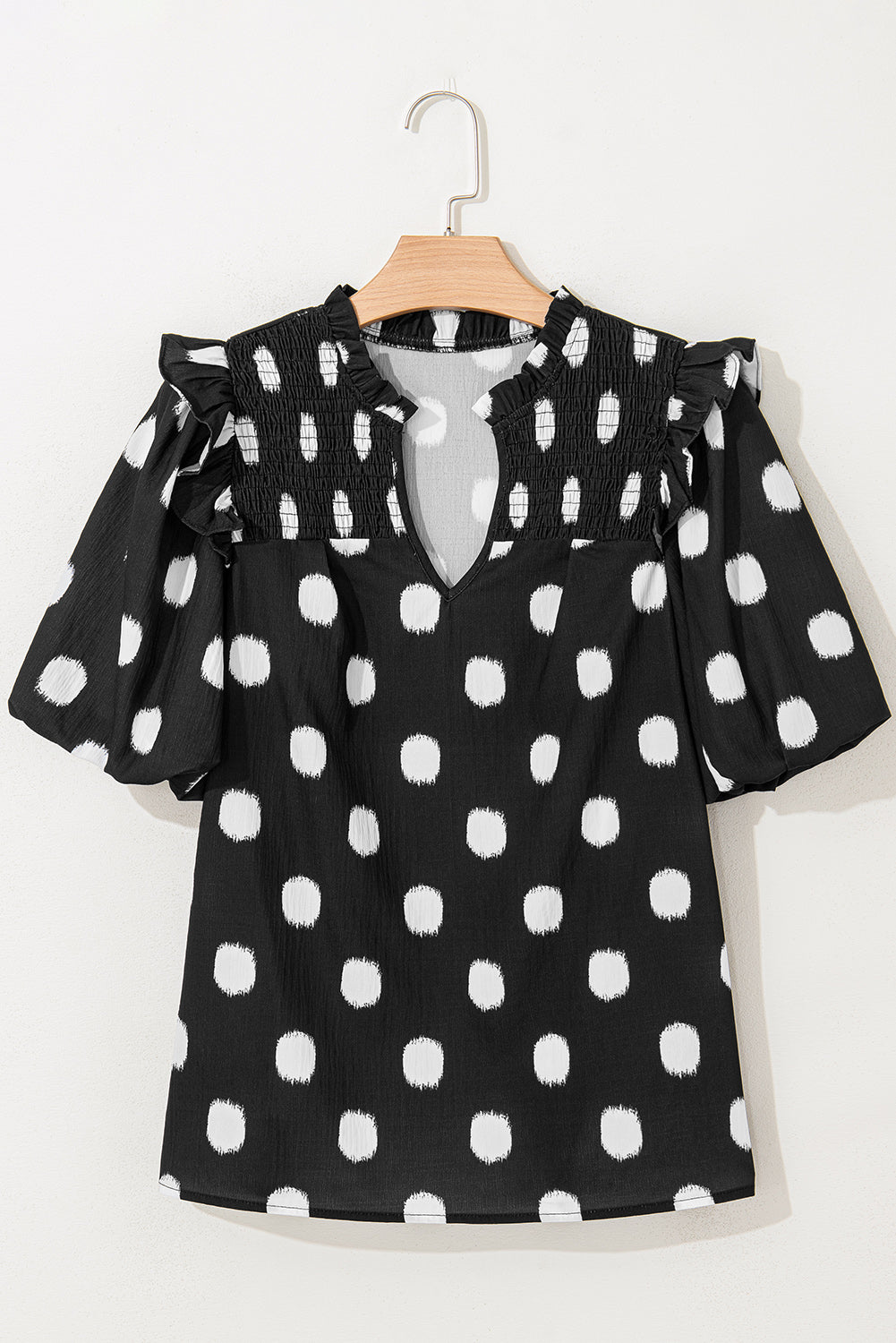 Black Polka Dot Print Shirred Yoke Notched Neck Balloon Sleeve Blouse
