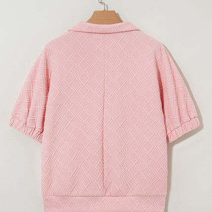 Light Pink Contrast Striped Collar Patchwork Textured Half Sleeve Blouse