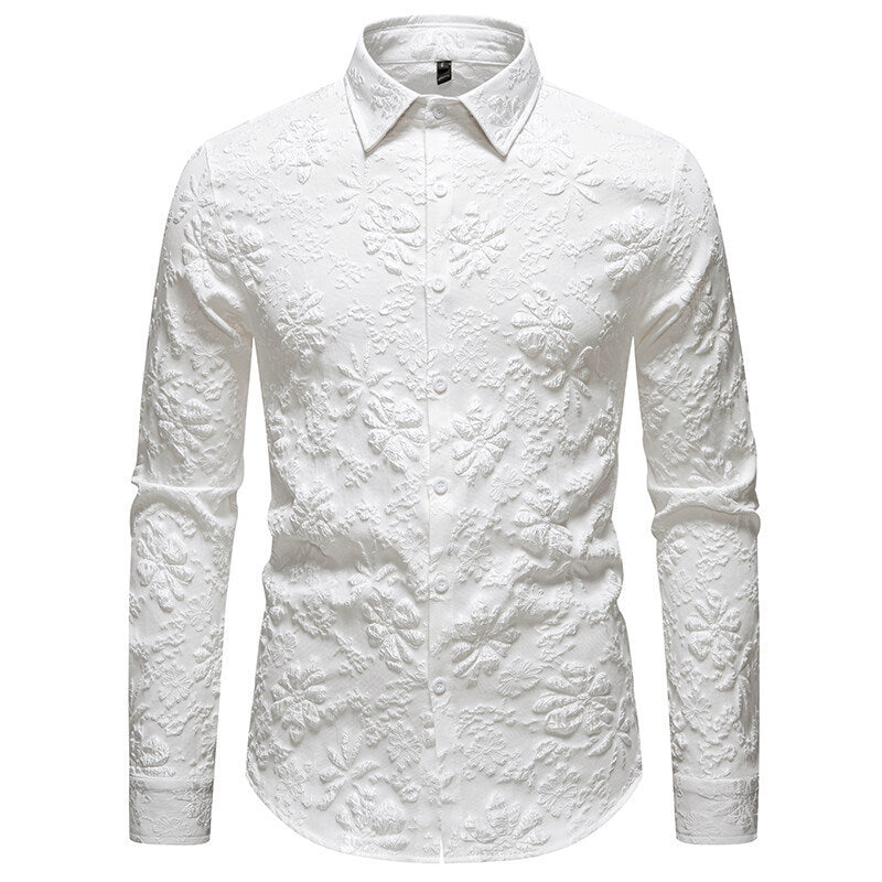 Men's Floral Long Sleeve Shirt Fashion Jacquard Loose-fitting Plus Size Tops