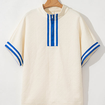 White Varsity Half Zip Textured Plus Size Top