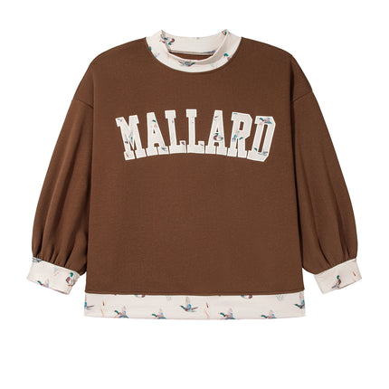 Coffee Plus Size Embroidered Trim Mallard Patch Contrast Trim Crewneck Sweatshirt