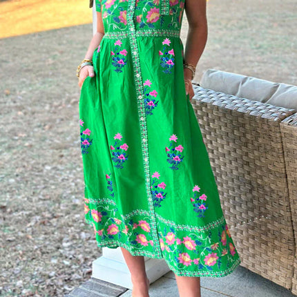 Green Floral Print Contrast Trim Knotted Straps Midi Dress