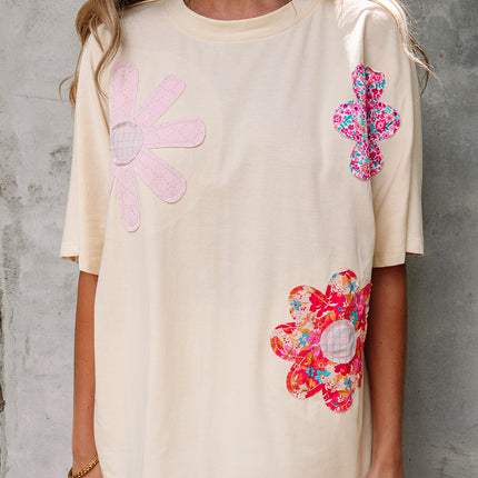 Apricot Flower Patched Exposed Stitching Trim Crew Neck Loose Tee