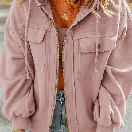Pink Flap Pocket Drawstring Hood Zip Up Jacket