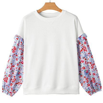 White Floral Ruffled Balloon Sleeve Patchwork Loose Blouse