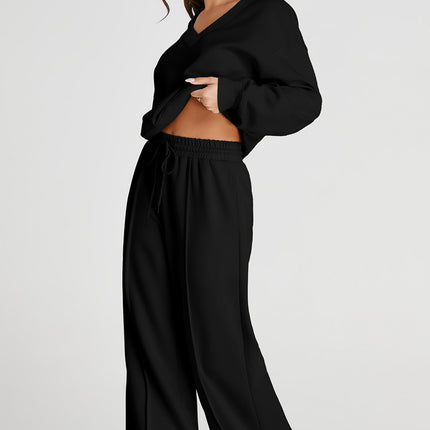 Black V Neck Cropped Seamed High Waist Sports Wear