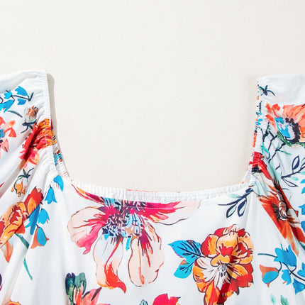 White Floral Square Neck Puff Sleeve Flowy Plus Size Midi Dress