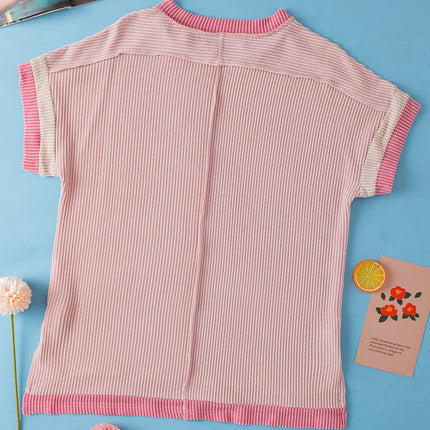 Light Pink Textured Contrast Trim Round Neck T Shirt