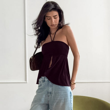 Sexy Retro Brown Halterneck Suspender Slit Camisole