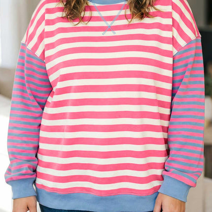 Pink Stripe Colorblock Striped Crewneck Long Sleeve Shift Tunic Plus Size Sweatshirt